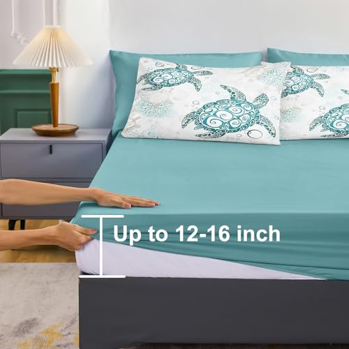 MOVE OVER California King Sea Turtle Bedding Set 8 Pieces Bed in A Bag Ocean Comforter Set Teal Blue Sea Turtle Comforter Set Coastal Bedding Set for Summer Underwater World Ocean Bed Set - Image 4