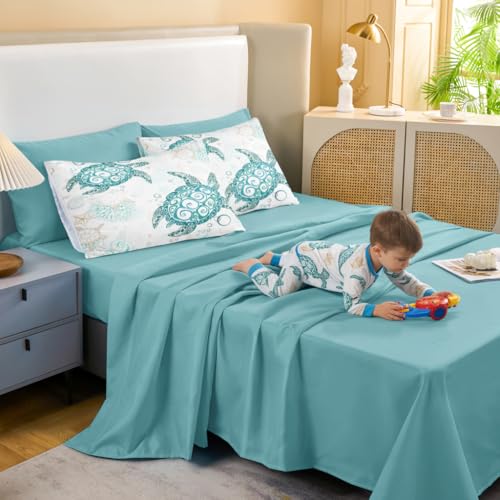 MOVE OVER California King Sea Turtle Bedding Set 8 Pieces Bed in A Bag Ocean Comforter Set Teal Blue Sea Turtle Comforter Set Coastal Bedding Set for Summer Underwater World Ocean Bed Set - Image 3