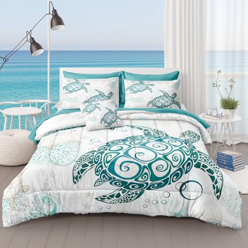 MOVE OVER California King Sea Turtle Bedding Set 8 Pieces Bed in A Bag Ocean Comforter Set Teal Blue Sea Turtle Comforter Set Coastal Bedding Set for Summer Underwater World Ocean Bed Set - Image 1