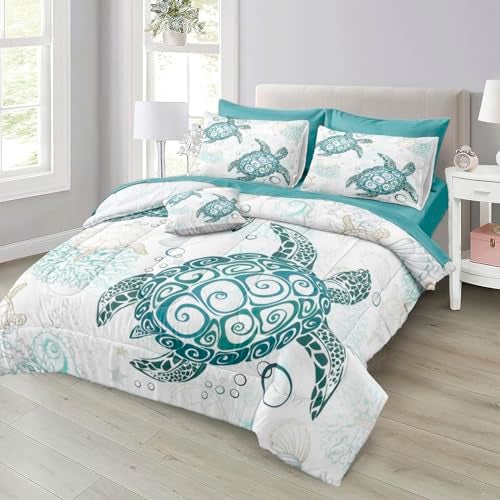 MOVE OVER California King Sea Turtle Bedding Set 8 Pieces Bed in A Bag Ocean Comforter Set Teal Blue Sea Turtle Comforter Set Coastal Bedding Set for Summer Underwater World Ocean Bed Set - Image 5
