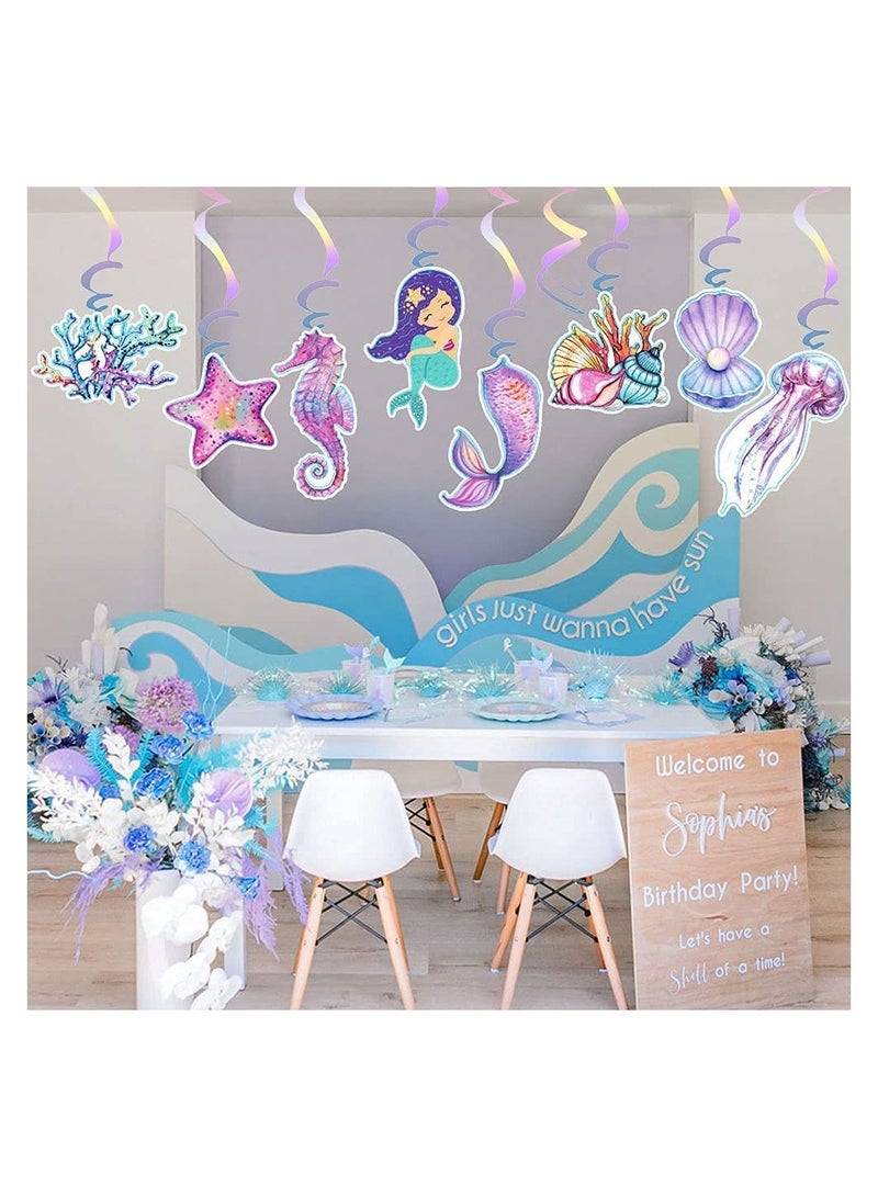 Zikra Mermaid Hanging Swirl Decorations, 20 PCS Double Sided Print Mermaid Themed Foil Swirls Dangling Ceiling Streamers Wall Decals for Kids Girls Birthday Baby Shower Under the Sea Party Supplies - Image 2