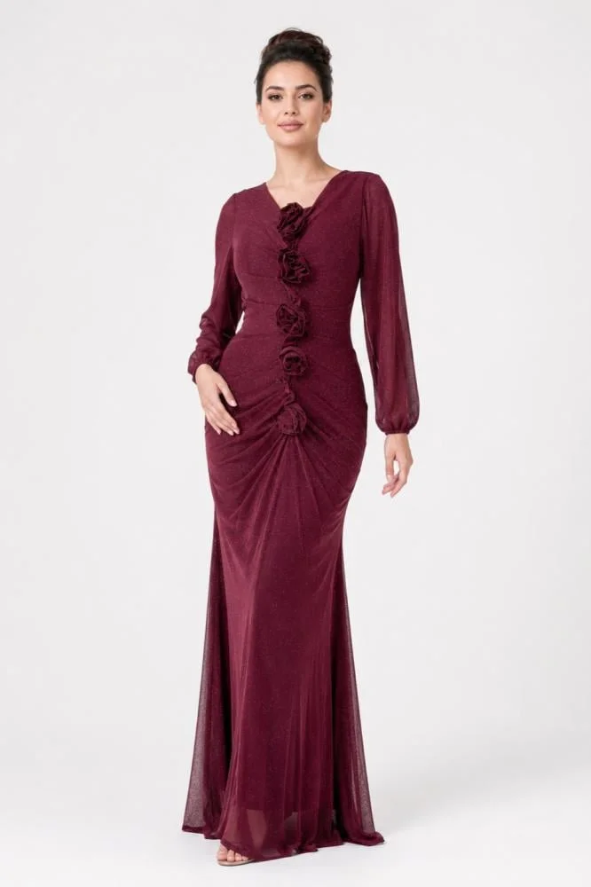 Opera Fashion Burgundy Shiny Stretch Evening Dress with Raised Roses