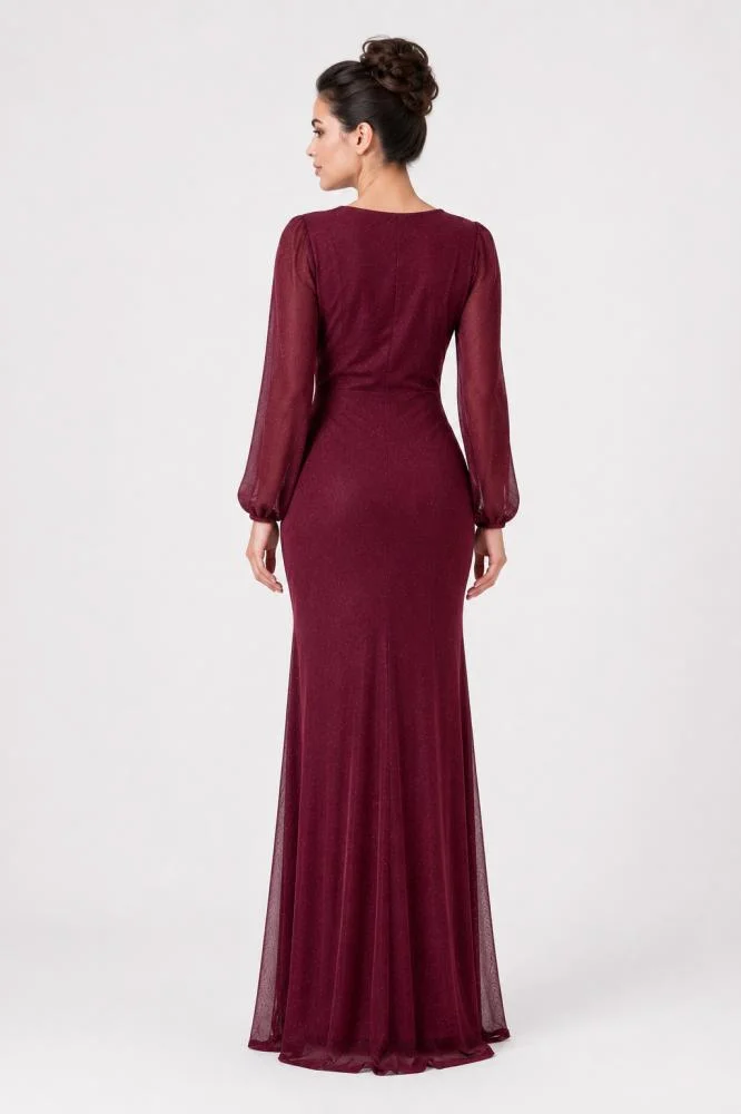 Opera Fashion Burgundy Shiny Stretch Evening Dress with Raised Roses