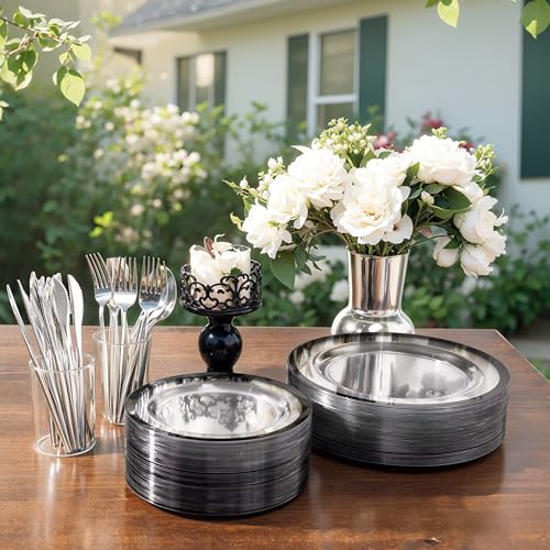 U-QE 120pcs Black Plates Disposable for Party - Clear Plastic Plates Disposable Heavy Duty - Include 60 10" Dinner and 60 7" Dessert Plate, Perfect for Party & Wedding - Image 2