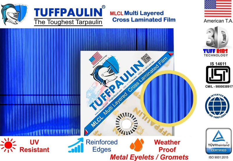 TUFFPAULIN 12FT X 9FT 120 GSM Blue Heavy Duty Tarpaulin Tirpal Tadpatri Tharpai Thadika, Extra Strong, Eyelets, UV Resistant, 100% Waterproof Virgin, 6 Layer MLCL 3D Rib Technology-1 No. - Image 3