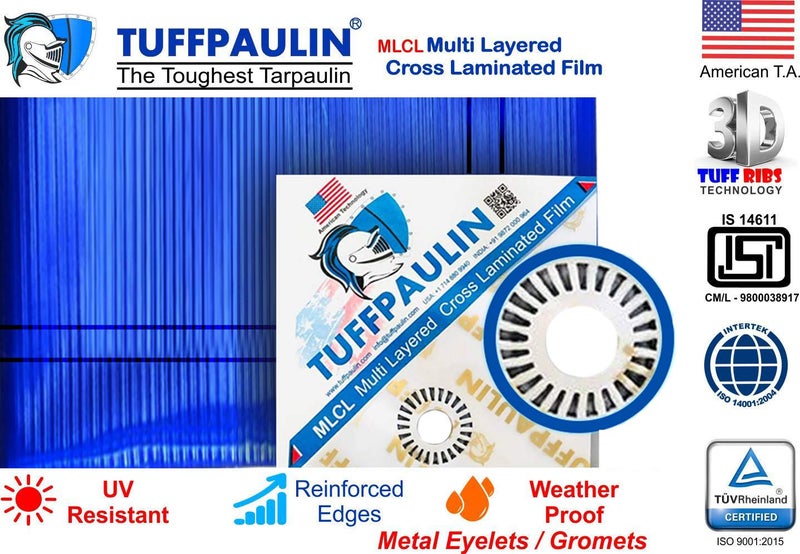 TUFFPAULIN 12FT X 9FT 120 GSM Blue Heavy Duty Tarpaulin Tirpal Tadpatri Tharpai Thadika, Extra Strong, Eyelets, UV Resistant, 100% Waterproof Virgin, 6 Layer MLCL 3D Rib Technology-1 No. - Image 2