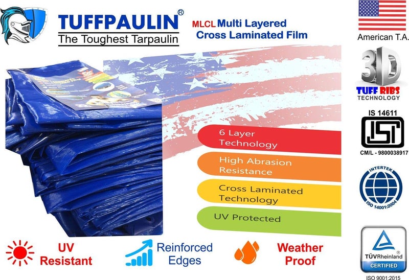 TUFFPAULIN 12FT X 9FT 120 GSM Blue Heavy Duty Tarpaulin Tirpal Tadpatri Tharpai Thadika, Extra Strong, Eyelets, UV Resistant, 100% Waterproof Virgin, 6 Layer MLCL 3D Rib Technology-1 No. - Image 4