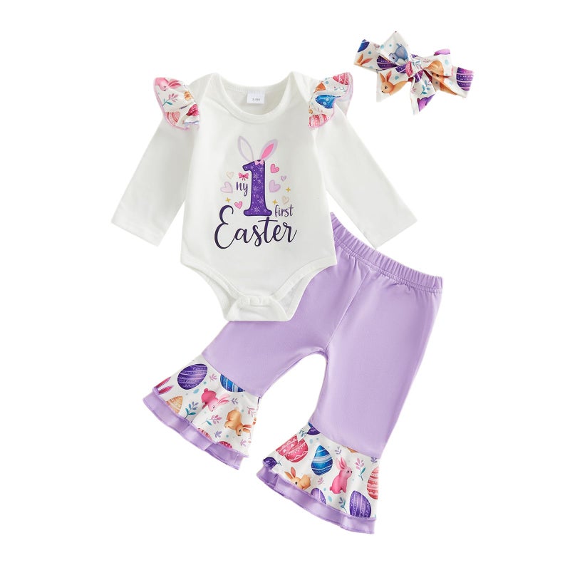 Lamuusaa Newborn Baby Girl Easter Outfit My 1st Easter Romper Ruffle Bunny Onesie Flared Pants Headband Easter Clothes 0-18M (Purple, 0-3 Months) - Image 1