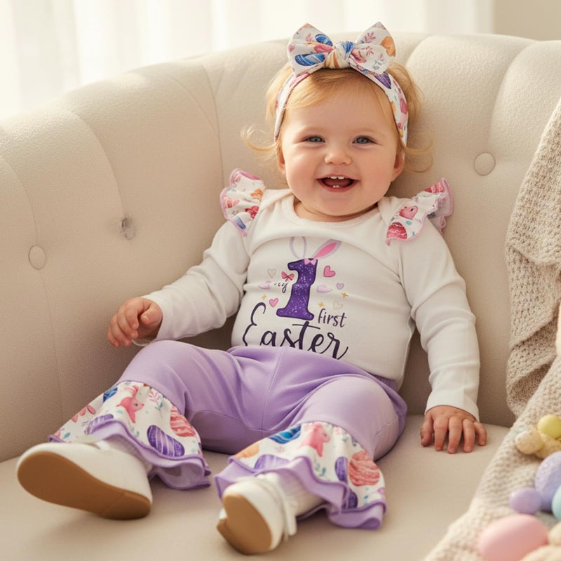 Lamuusaa Newborn Baby Girl Easter Outfit My 1st Easter Romper Ruffle Bunny Onesie Flared Pants Headband Easter Clothes 0-18M (Purple, 0-3 Months) - Image 2