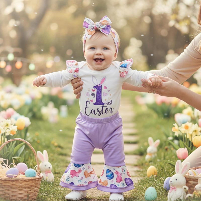 Lamuusaa Newborn Baby Girl Easter Outfit My 1st Easter Romper Ruffle Bunny Onesie Flared Pants Headband Easter Clothes 0-18M (Purple, 0-3 Months) - Image 3