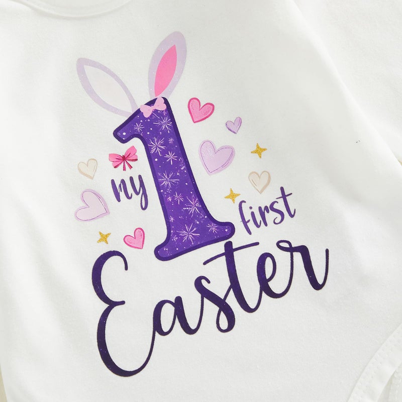 Lamuusaa Newborn Baby Girl Easter Outfit My 1st Easter Romper Ruffle Bunny Onesie Flared Pants Headband Easter Clothes 0-18M (Purple, 0-3 Months) - Image 4