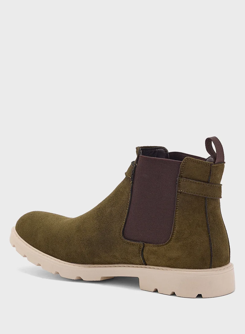 Robert Wood Strap Detail Casual Suede Chelsea Boots