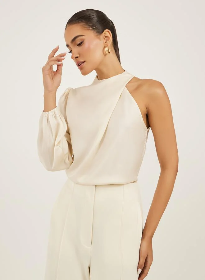 Styli Solid High Neck Balloon Sleeve Blouse