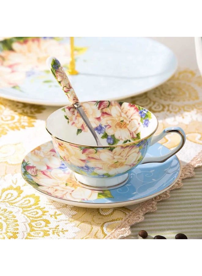 Krysclove Vintage Ceramic Teacup, Elegant Coffee Cup with Spoon and Saucer Set, Fine Royal Bone China Tea Cups (Blue) - Image 2