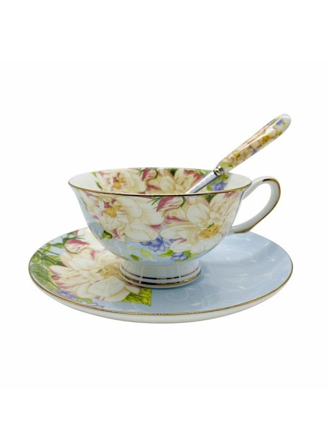 Krysclove Vintage Ceramic Teacup, Elegant Coffee Cup with Spoon and Saucer Set, Fine Royal Bone China Tea Cups (Blue) - Image 1