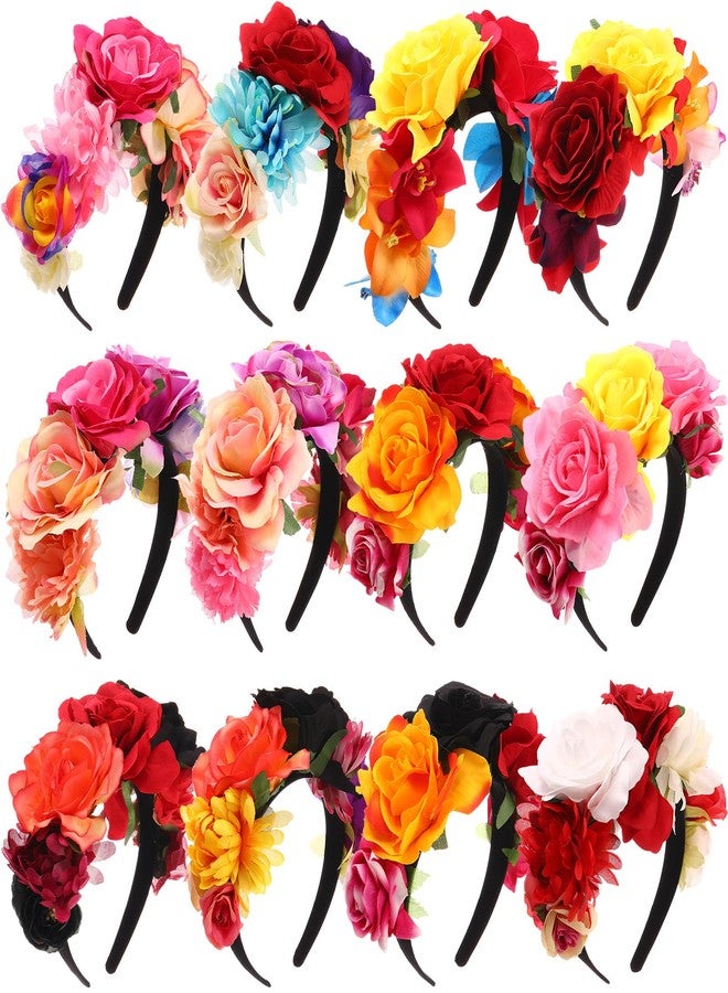 Xinnun 12 Pcs Mexican Rose Flower Crown Headband Easter Mardi Gras Headpiece Cosplay Headgear for Party - Image 1