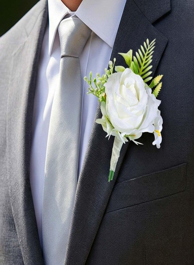 Latious Rose Wedding Boutonniere White Groom Flower Buttonholes for Men (White) - Image 1