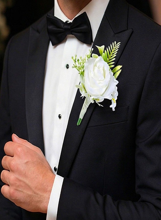Latious Rose Wedding Boutonniere White Groom Flower Buttonholes for Men (White) - Image 4