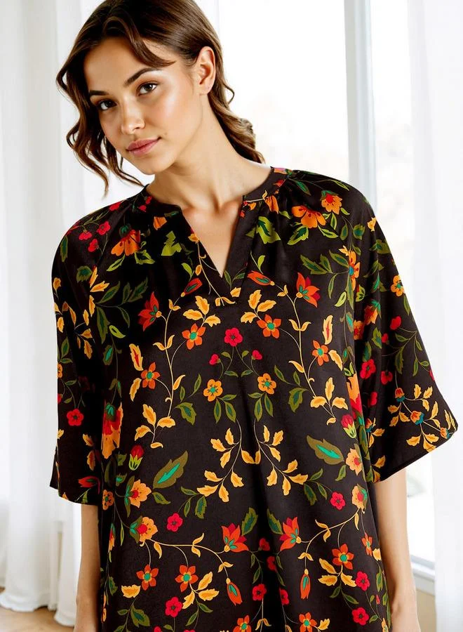 Splash FAV Printed Night Dress with Collar and 3/4 Sleeves