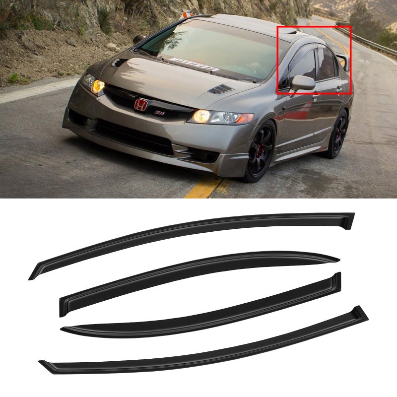 CMVT Auto Window Visor for 2006-2011 Honda Civic, Out-Channel Rain Guards Shields Vent Deflector Shade Wind Dark Smoke for 06-11 Civic 2007 2008 2009 2010, Tape-On Outside-Mount, 4PCS - Image 1