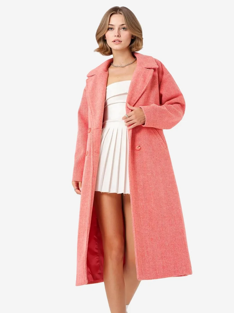 BIG DART Oversized Double Breasted Herringbone Long Overcoat