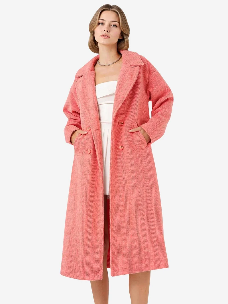 BIG DART Oversized Double Breasted Herringbone Long Overcoat