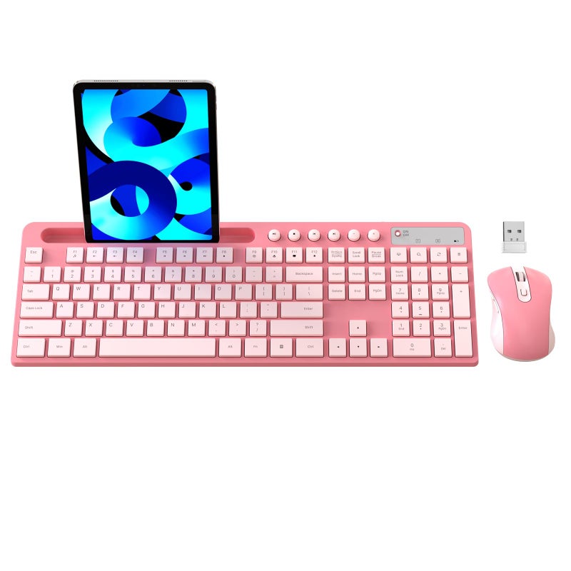 MARVO Wireless Keyboard and Mouse Combo, MARVO 2.4G Ergonomic Wireless Computer Keyboard with Phone Tablet Holder, Silent Mouse with 6 Button, Compatible with MacBook, Windows (Sakura Pink) - Image 1