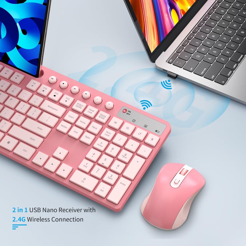 MARVO Wireless Keyboard and Mouse Combo, MARVO 2.4G Ergonomic Wireless Computer Keyboard with Phone Tablet Holder, Silent Mouse with 6 Button, Compatible with MacBook, Windows (Sakura Pink) - Image 5