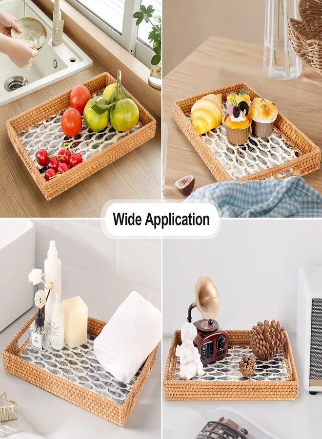 Tynulox Coffee Table Tray with Handles, Rectangle Rattan Serving Tray with Mother of Pearl Inlay, Exquisite Wicker Basket for Table Decor, Coffee, Bread, Fruits, Snacks, (Rectangle Blue Fish, 13"×9") - Image 3