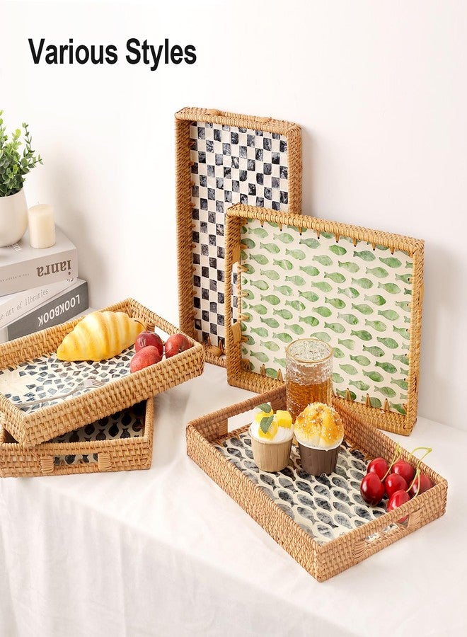 Tynulox Coffee Table Tray with Handles, Rectangle Rattan Serving Tray with Mother of Pearl Inlay, Exquisite Wicker Basket for Table Decor, Coffee, Bread, Fruits, Snacks, (Rectangle Blue Fish, 13"×9") - Image 2