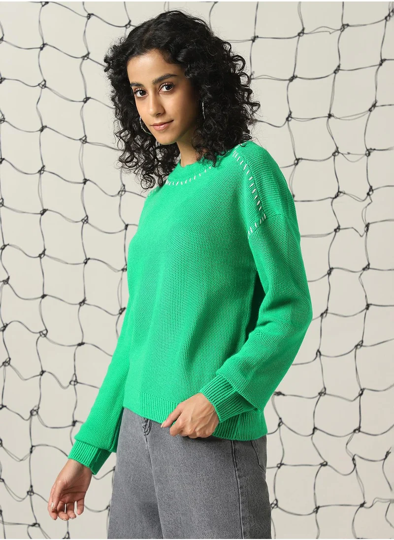 هوبرهولمي Women's Green 100% Acrylic Solid Regular Fit Sweater