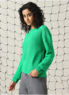 Hubberholme Women's Green 100% Acrylic Solid Regular Fit Sweater  - Image 2