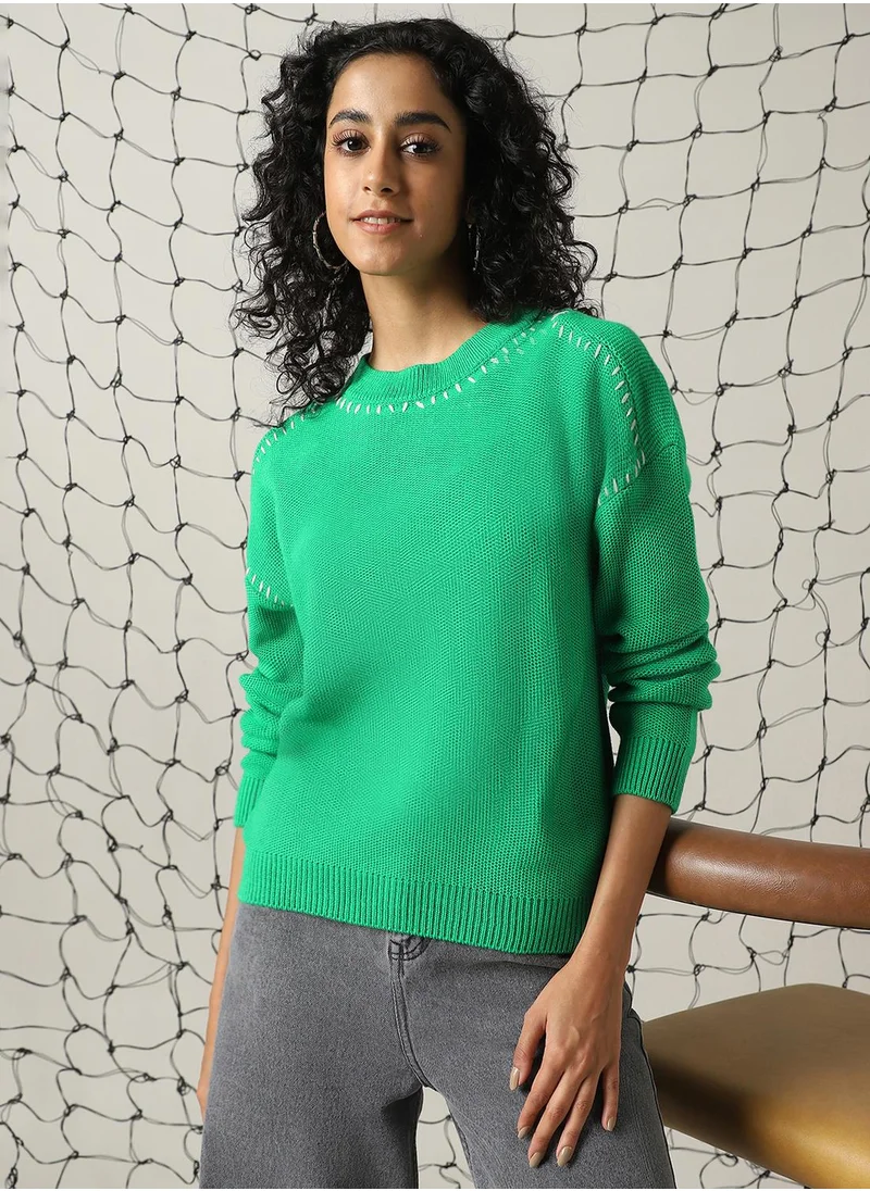 هوبرهولمي Women's Green 100% Acrylic Solid Regular Fit Sweater