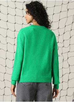 Hubberholme Women's Green 100% Acrylic Solid Regular Fit Sweater  - Image 3