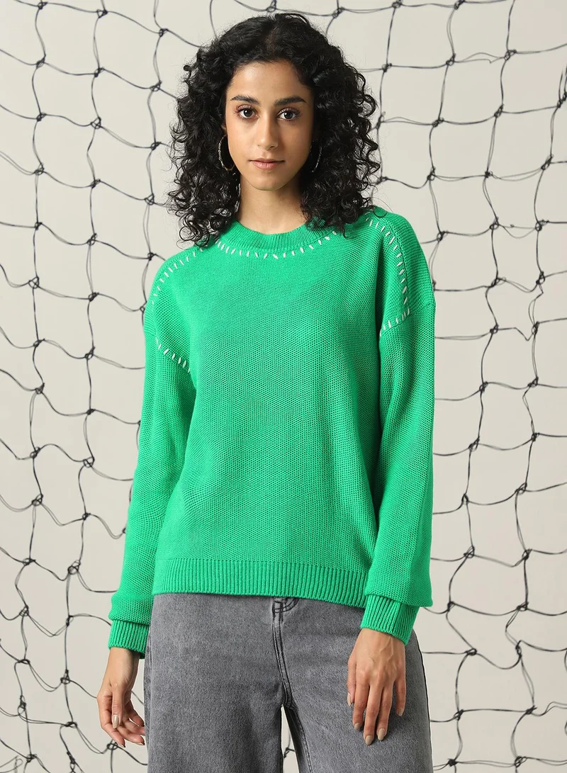Hubberholme Women's Green 100% Acrylic Solid Regular Fit Sweater