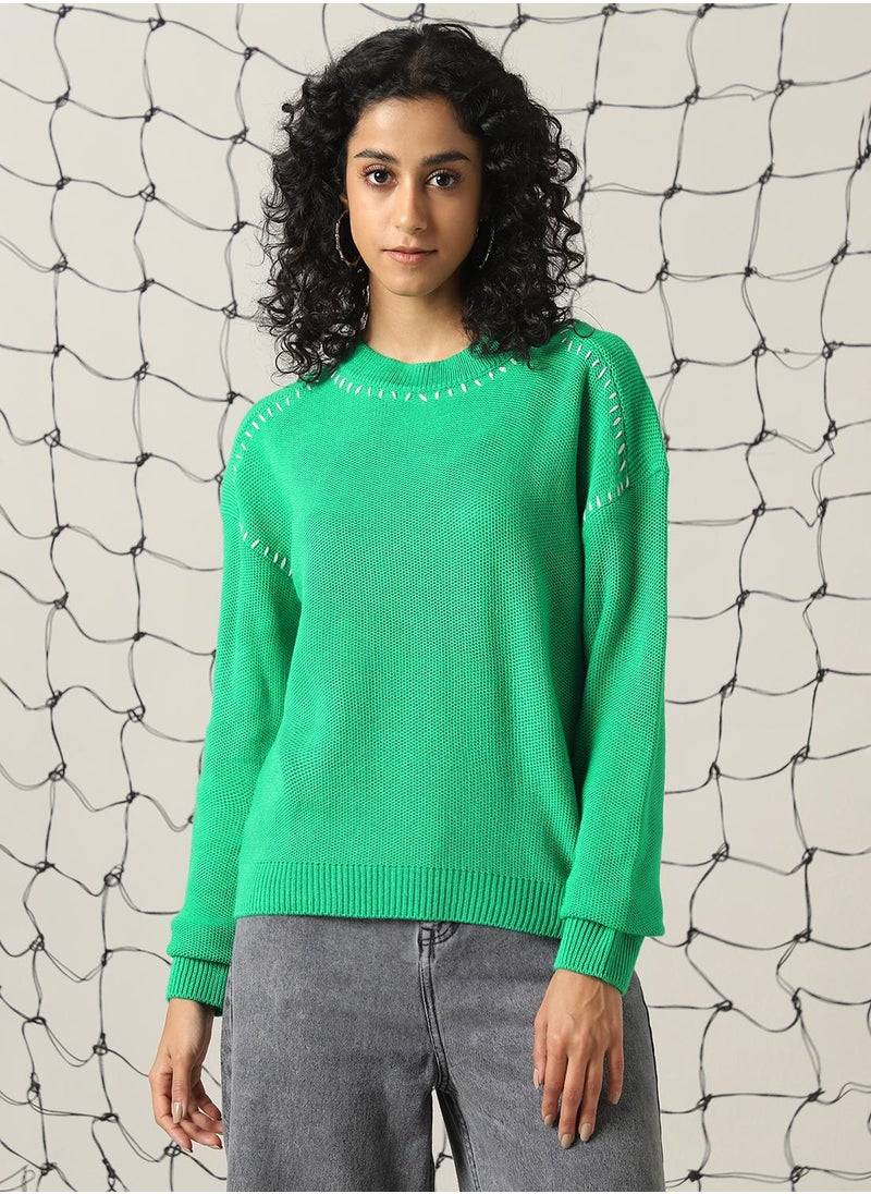 Hubberholme - Women's Green 100% Acrylic Solid Regular Fit Sweater - Image 1