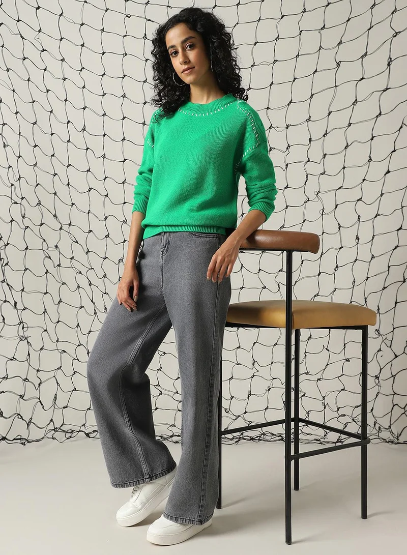 Hubberholme Women's Green 100% Acrylic Solid Regular Fit Sweater