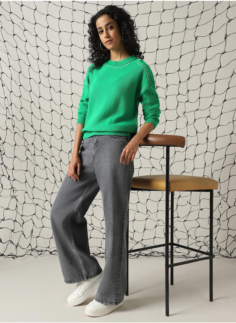 Hubberholme - Women's Green 100% Acrylic Solid Regular Fit Sweater - Image 1