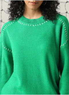 Hubberholme Women's Green 100% Acrylic Solid Regular Fit Sweater  - Image 5