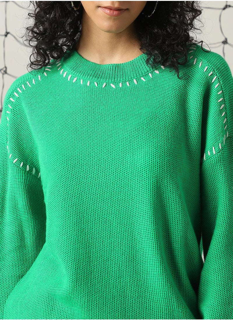 Hubberholme - Women's Green 100% Acrylic Solid Regular Fit Sweater - Image 1