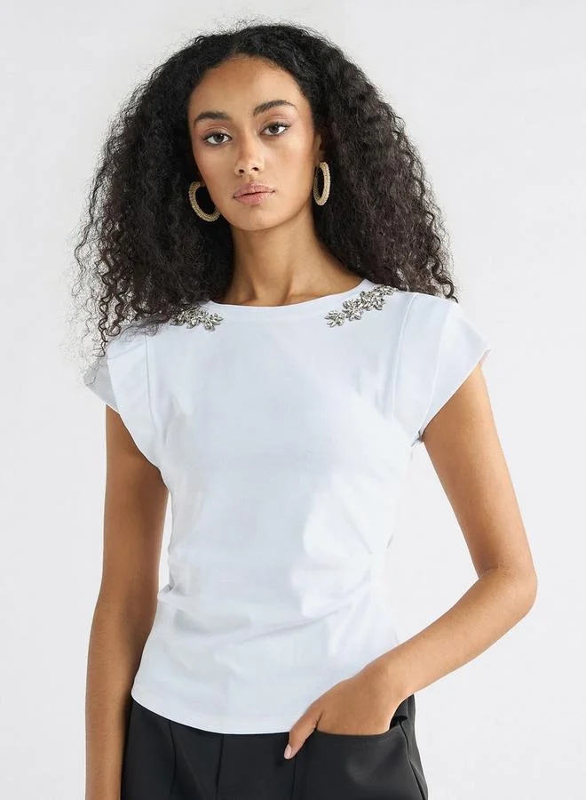 Splash FAV Embellished T-shirt with Round Neck and Cap Sleeves