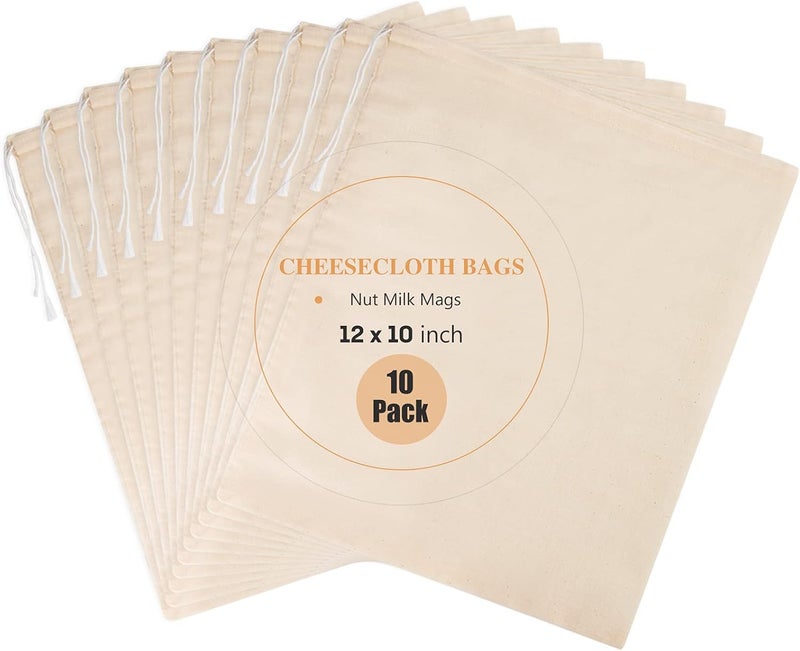 Chielor 10 Pack Nut Milk Bag, Fine Mesh Grade Reusable Cheesecloth Bags Strainers, Unbleached Organic Cotton Filter Bags for Almond Milk, Juices, ColdBrew, Cheese, Tea, Yogurt, Coffee (10 x 12 inch) - Image 1