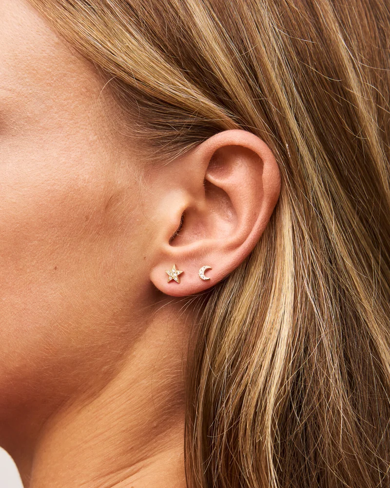 Rue Des Mill Stud Earrings with Zirconia Star/Moon - Yellow Gold