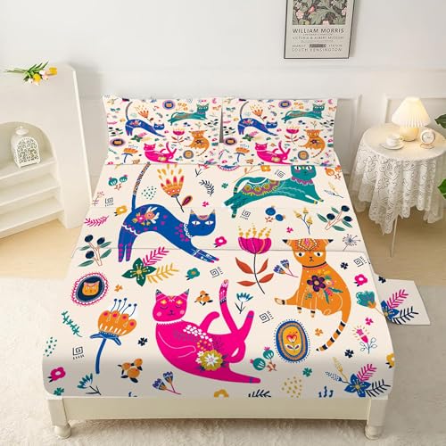 EDGZKO Cat Sheet Set Twin: Cute Cats Bed Sheets Twin Size for Girls Kids Teens Toddler Kawaii Cartoon Floral Print 3 Piece Bedding Sets 1 Fitted Sheet & 1 Flat Sheet & 1 Pillowcase - Image 1