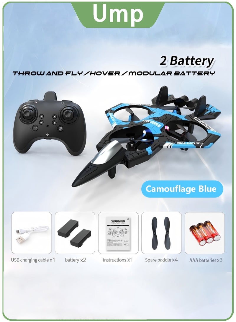 يو ام بي لعبة طائرة، طائرة تحكم عن بعد، كوادكوبتر RC، طائرة مقاتلة RC، مع بطاريتين، تثبيت الارتفاع، حركات بهلوانية 360 درجة، إقلاع وهبوط بزر واحد، أضواء LED، وقت طيران طويل، 3 سرعات، وضع الطيران الدائري، لعبة طائرة للأطفال، هدية للأولاد والبنات والمبتدئين - Image 1