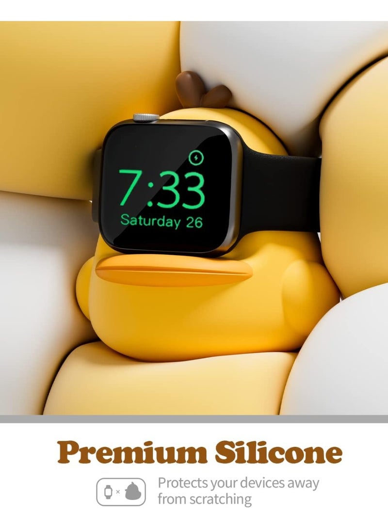 شاحن الوقوف متوافق مع Apple Watch Series 49/46/45/44/42/41/40/38mm iWatch Ultra2 / Ultra / 10/9/8 / SE2 / 7/6 / SE / 5/4/3/2/1,حلو البط السيليكون دوك,يدعم وضع الوقوف الليلي,الأصفر - Image 3