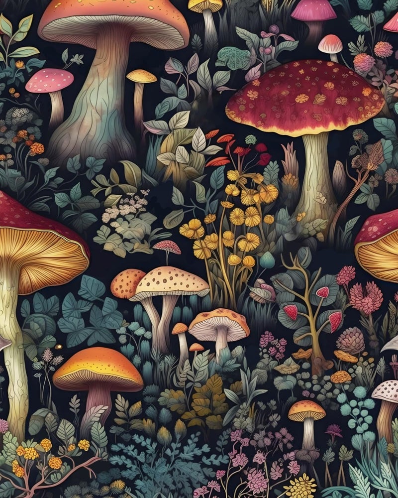 BOKEBEVE Black Colorful Mushroom Contact Paper Floral Wallpaper Peel and Stick Vintage Wall Paper for Backsplash Kitchen Cabinet Removable Waterproof 175 x 118In