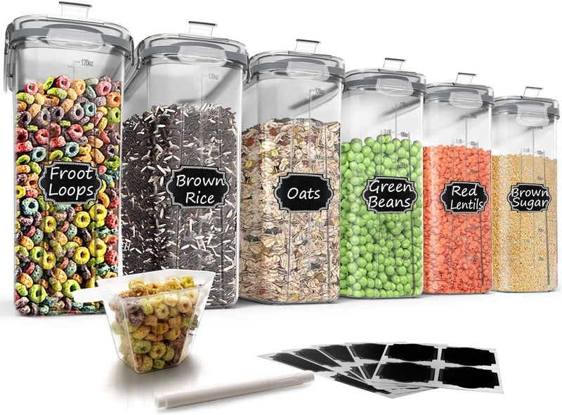 Wildone Cereal Storage Containers Set, Large BPA Free Plastic Airtight Food Storage Containers 4L /135.3oz for Flour, Sugar, 6 Piece Set Cereal Dispensers with 20 Labels & Marker, Grey - Image 1