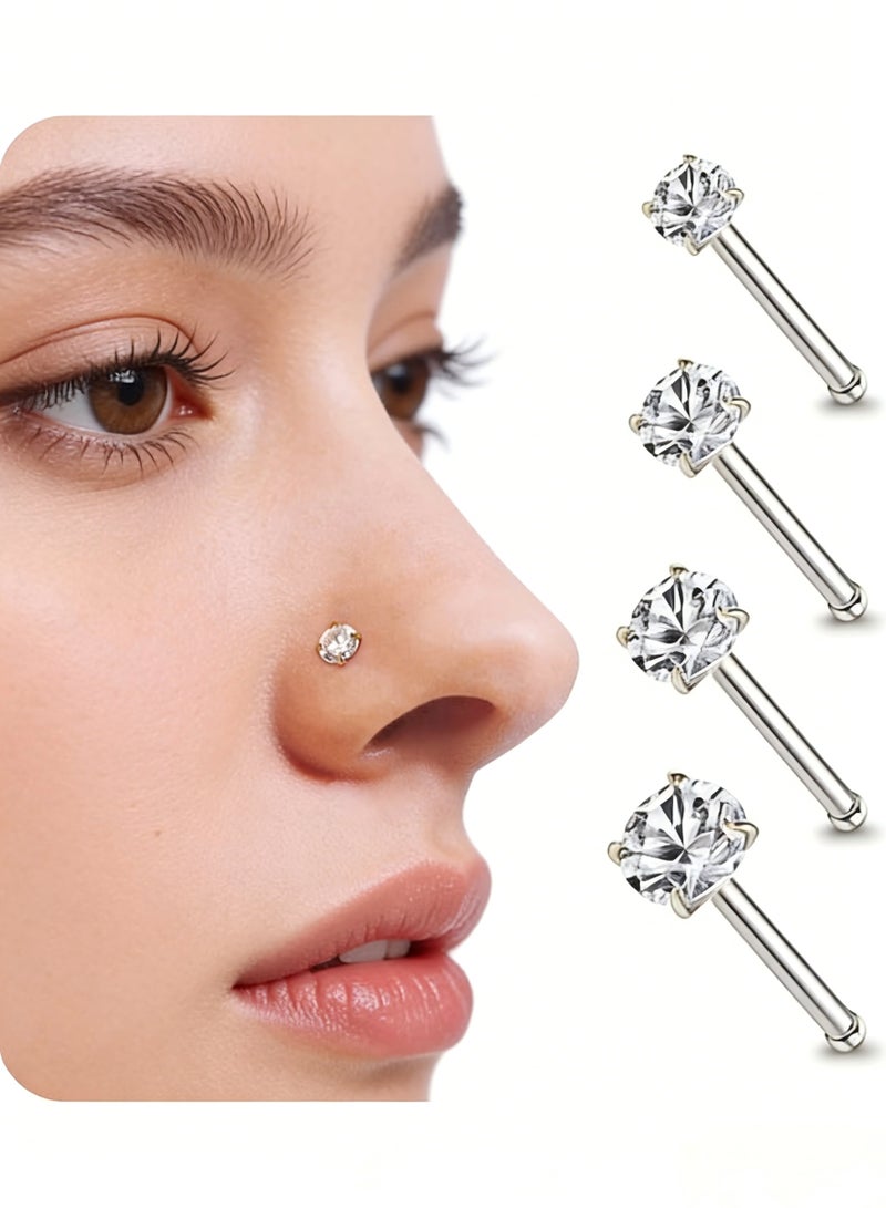 4PCS 925 Sterling Silver 1.5/2/2.5/3mm Clear CZ Bone Nose Studs - Image 1