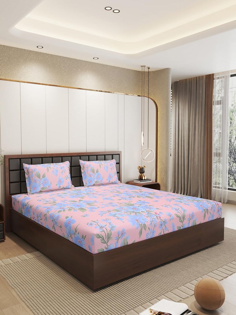 Status Contract Cotton Rich Double Bedsheet with 2 Pillow Covers for Bed Room, Home, Hotel-120 GSM (Pink and Blue)_215x210 CM - Image 1